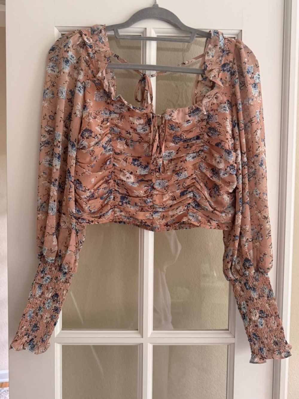 She + Sky Light Pink Blouse With Blue Floral Accents